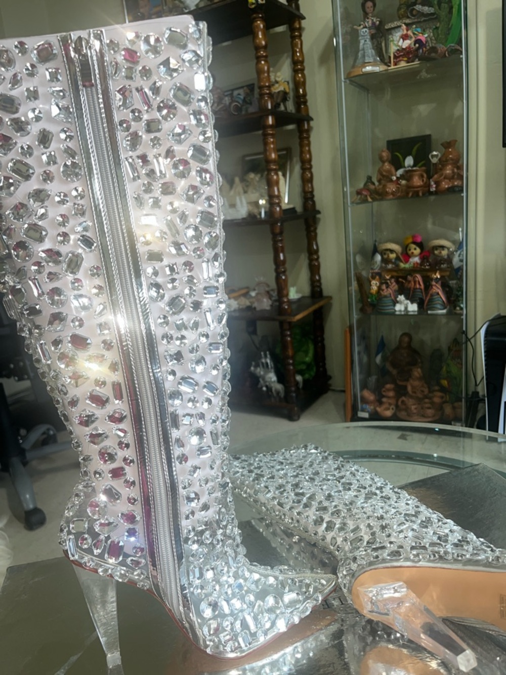 Brand New Crystal-Studded Silver Knee-High Boots - Picture 7 of 14